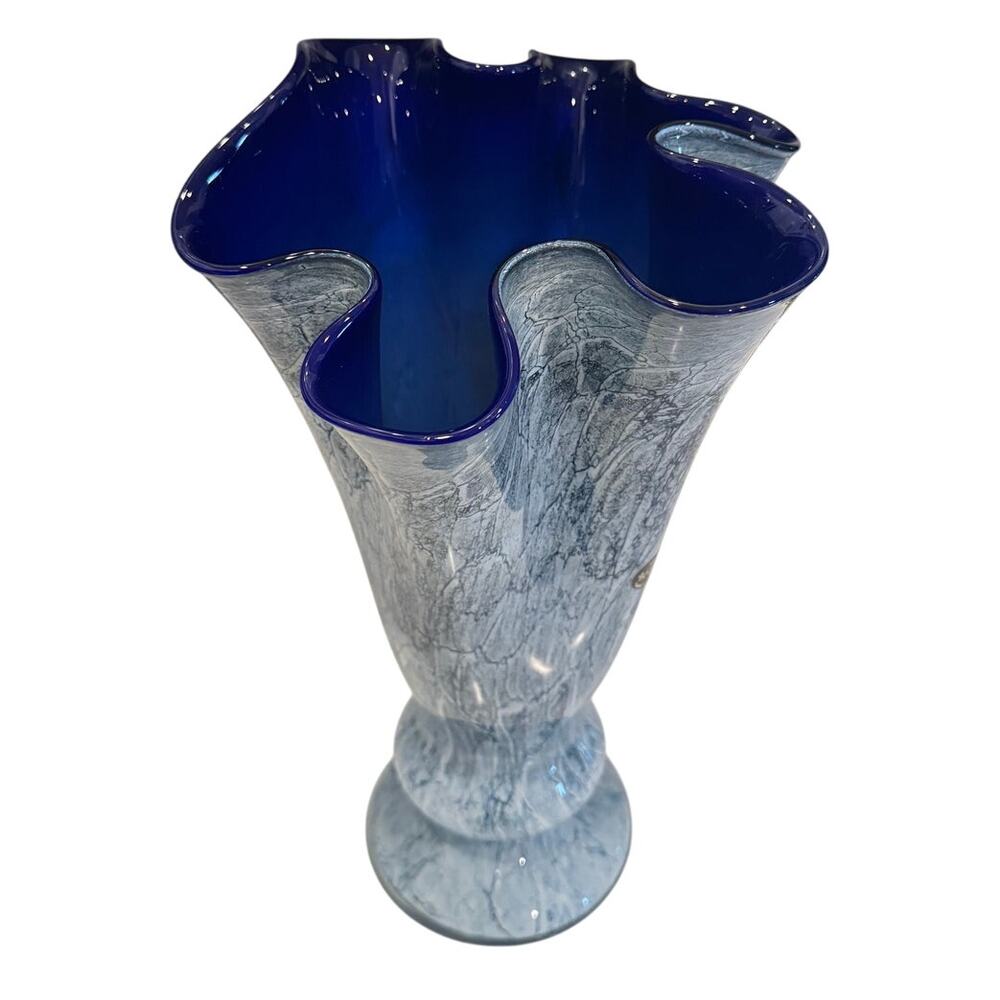 Krosno Jozefina Blue Marbled Vase Glass Triple Cased Handkerchief - Picture 2 of 9